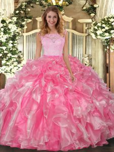 Stylish Sleeveless Organza Floor Length Clasp Handle Quince Ball Gowns in Hot Pink with Lace and Ruffles