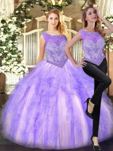 Floor Length Zipper Quince Ball Gowns Lilac for Military Ball and Sweet 16 and Quinceanera with Beading and Ruffles