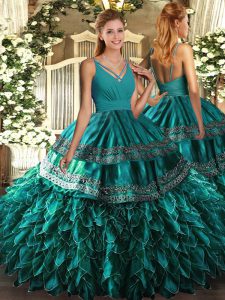 Eye-catching Teal Ball Gowns V-neck Sleeveless Organza Floor Length Zipper Beading and Ruffles 15th Birthday Dress