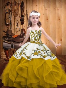 Cheap Gold Straps Neckline Embroidery and Ruffles Pageant Gowns For Girls Sleeveless Lace Up