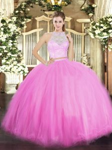 Affordable Lace Vestidos de Quinceanera Rose Pink Zipper Sleeveless Floor Length