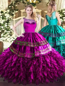 Great Fuchsia Scoop Zipper Beading and Ruffles Quince Ball Gowns Sleeveless