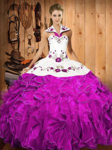 High Quality Fuchsia Ball Gowns Embroidery and Ruffles Quinceanera Dresses Lace Up Satin and Organza Sleeveless Floor Length