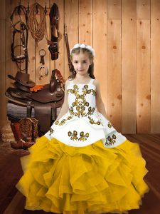 Beauteous Gold Pageant Gowns Sweet 16 and Quinceanera with Embroidery and Ruffles Straps Sleeveless Lace Up