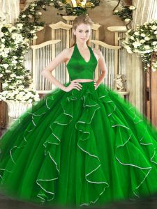 Green Zipper Halter Top Ruffles Quinceanera Gown Organza Sleeveless