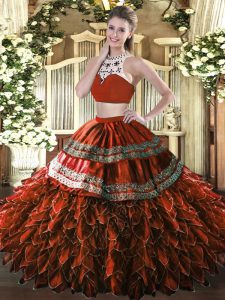 Low Price Rust Red Two Pieces Tulle High-neck Sleeveless Beading and Ruffles Floor Length Backless Quinceanera Gown