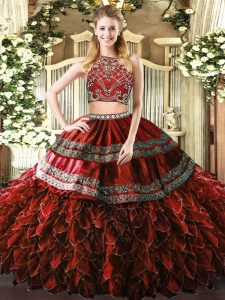 Clearance Tulle High-neck Sleeveless Zipper Beading and Ruffles Quince Ball Gowns in Burgundy