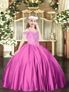 Best Floor Length Fuchsia Kids Formal Wear Satin Sleeveless Beading