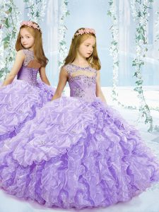 Best Sleeveless Floor Length Beading and Ruffles and Pick Ups Lace Up Little Girls Pageant Dress with Lavender