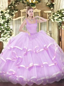 Inexpensive Lilac Quinceanera Dresses Military Ball and Sweet 16 and Quinceanera with Beading and Ruffled Layers Straps Sleeveless Zipper