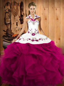 Fuchsia Sleeveless Tulle Lace Up Vestidos de Quinceanera for Military Ball and Sweet 16 and Quinceanera