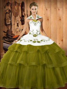 Attractive Halter Top Sleeveless 15th Birthday Dress Sweep Train Embroidery and Ruffled Layers Olive Green Organza