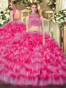 Most Popular Floor Length Backless 15th Birthday Dress Coral Red for Military Ball and Sweet 16 and Quinceanera with Beading and Ruffled Layers