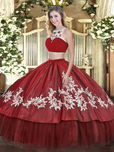 Comfortable Floor Length Backless Quince Ball Gowns Red for Military Ball and Sweet 16 and Quinceanera with Beading and Appliques