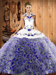 Halter Top Sleeveless Fabric With Rolling Flowers Vestidos de Quinceanera Embroidery Sweep Train Lace Up