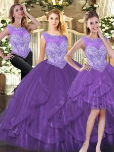 Scoop Sleeveless 15th Birthday Dress Floor Length Beading and Ruffles Purple Organza