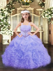 Luxurious Lavender Ball Gowns Straps Sleeveless Organza Floor Length Lace Up Beading and Ruffles and Pick Ups Pageant Gowns For Girls