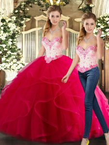 Discount Floor Length Hot Pink 15th Birthday Dress Organza Sleeveless Beading and Ruffles