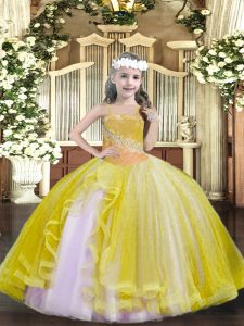 Cheap Light Yellow Sleeveless Beading Floor Length Kids Pageant Dress