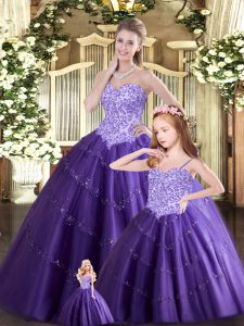 Decent Purple Ball Gowns Tulle Sweetheart Sleeveless Beading Floor Length Lace Up Sweet 16 Quinceanera Dress