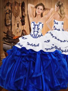 Designer Strapless Sleeveless Satin and Organza Sweet 16 Dress Embroidery and Ruffles Lace Up