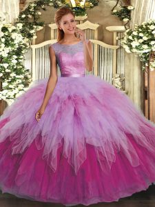 Multi-color Ball Gowns Beading and Ruffles Ball Gown Prom Dress Backless Organza Sleeveless Floor Length