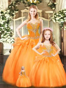 Inexpensive Orange Red Lace Up Quince Ball Gowns Beading and Ruffles Sleeveless Floor Length