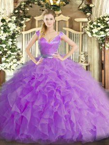 Floor Length Lilac Ball Gown Prom Dress Organza Sleeveless Ruffles