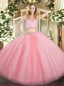 Baby Pink Sleeveless Tulle Zipper Vestidos de Quinceanera for Military Ball and Sweet 16 and Quinceanera