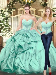 Modest Apple Green Quinceanera Gowns Military Ball and Sweet 16 and Quinceanera with Beading and Ruffles Sweetheart Sleeveless Lace Up