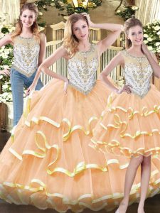 Peach Zipper Quinceanera Gown Beading and Ruffled Layers Sleeveless Floor Length