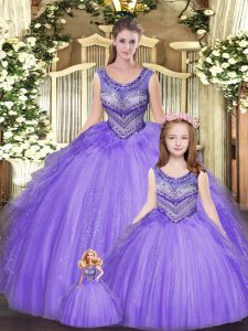 Floor Length Eggplant Purple Sweet 16 Dress Tulle Sleeveless Beading and Ruffles