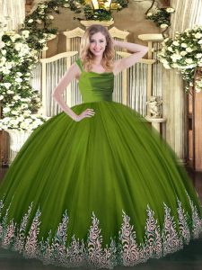 Flirting Olive Green Sleeveless Floor Length Lace and Appliques Zipper Quinceanera Dress