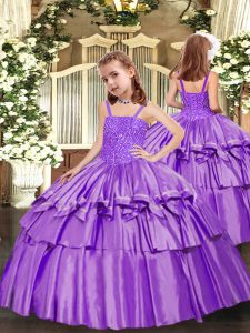 Lavender Sleeveless Floor Length Beading and Ruffled Layers Lace Up Little Girl Pageant Dress