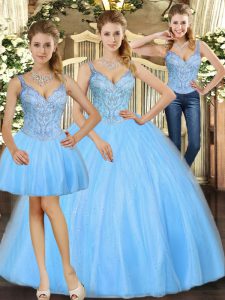 Custom Designed Baby Blue Sleeveless Tulle Lace Up Ball Gown Prom Dress for Military Ball and Sweet 16 and Quinceanera