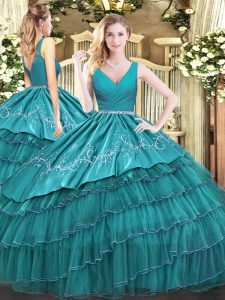 Ideal Teal Sleeveless Floor Length Embroidery and Ruffled Layers Zipper Ball Gown Prom Dress