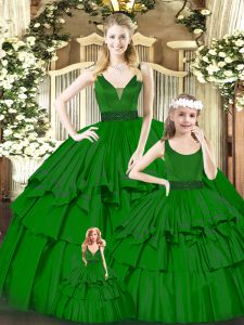 Organza V-neck Sleeveless Zipper Beading and Ruffled Layers Sweet 16 Dress in Green