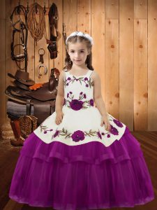 Sleeveless Organza Floor Length Lace Up Kids Pageant Dress in Fuchsia with Embroidery and Ruffled Layers