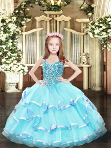 Cute Straps Sleeveless Organza Pageant Gowns For Girls Beading and Ruffled Layers Lace Up