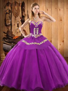 Purple Ball Gowns Satin and Tulle Sweetheart Sleeveless Embroidery Floor Length Lace Up Quinceanera Gown