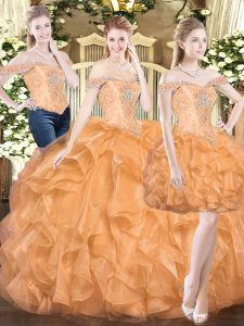 Orange Red Three Pieces Ruffles Quinceanera Dress Lace Up Organza Sleeveless Floor Length