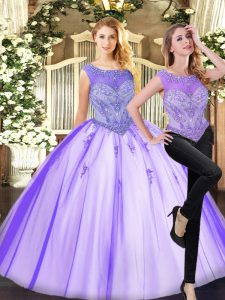 Flirting Lavender Two Pieces Tulle Scoop Sleeveless Beading Floor Length Zipper Sweet 16 Dresses