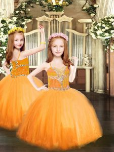 Sleeveless Tulle Floor Length Lace Up Pageant Gowns For Girls in Orange with Beading