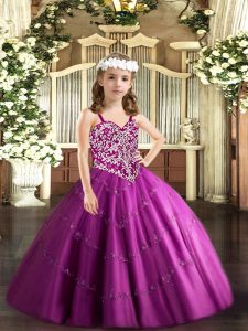 Fuchsia Straps Neckline Beading and Appliques Child Pageant Dress Sleeveless Lace Up