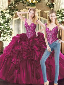 Designer Fuchsia Lace Up V-neck Beading and Ruffles Ball Gown Prom Dress Organza Sleeveless