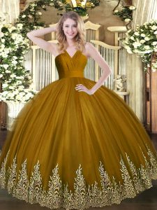 Charming Floor Length Brown Sweet 16 Dress Tulle Sleeveless Appliques