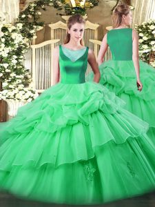 Vintage Apple Green Organza Side Zipper Scoop Sleeveless Floor Length Quinceanera Dresses Beading and Appliques and Pick Ups