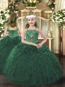 Straps Sleeveless Organza Pageant Dress for Girls Beading and Ruffles Lace Up