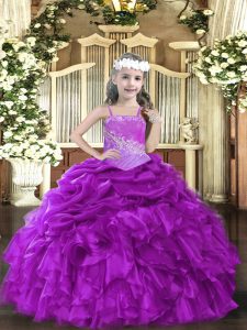 Fashionable Purple Ball Gowns Beading and Ruffles Little Girl Pageant Dress Lace Up Organza Sleeveless Floor Length