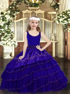 Pretty Blue Scoop Zipper Beading and Embroidery and Ruffled Layers Little Girl Pageant Gowns Sleeveless